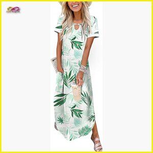 Maxi Summer Dress with Pockets Casual Short Sleeve Sundress Trendy Curve Hem